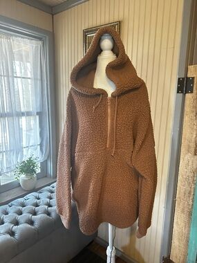 Victoria’s Secret PINK Sherpa Hoodie Womens M Brown Quarter Zip Fleece Cozy